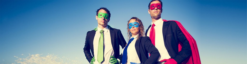 Business superheroes facing storm.