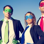 Business superheroes facing storm.